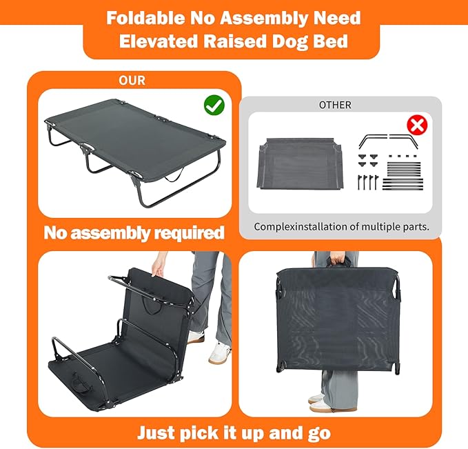 Elevated Dog Bed for Large Pet with No-Slip Feet, Foldable Portable Washable Raised Bed for Indoor&Outdoor Camping Dog Cot, with Cooling Waterproof Breathable Mesh (Medium, Black-Textilene)