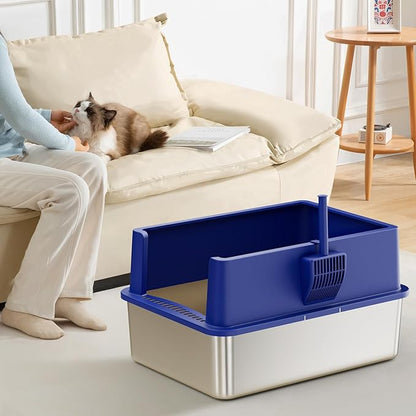 28" Extra Large Stainless Steel Cat Litter Boxes with Lid Metal Cat Litterbox Pan for Big Cats and Multiple Cats, Anti-Leakage, Easy Cleaning, Include Scoop