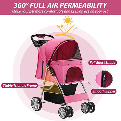 4 Wheels Pet Stroller for Small Medium Dogs Cats 10-33 lbs, Foldable Dog and Cat Stroller with Cup Holder & Storage Basket & Breathable Mesh, Pet Strolling Cart for All-Season, Pink