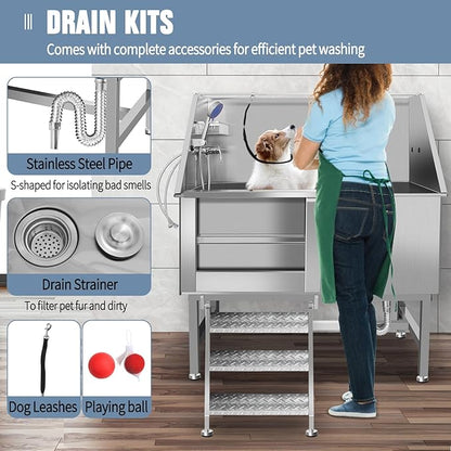 50" Pet Dog Bathing Station W/Stairs, Professional Stainless Steel Dog Grooming Tub W/Soap Box, Faucet,Rich Accessory, Dog Bathtub for Large,Medium,Small Pets, Washing Sink for Home (50" Left ramp)