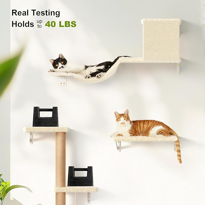 FUKUMARU Cat Wall Shelves, Stable & Safe 4 in 1 Large Cat Walls Furniture Set, Wooden Kitten Climbing Wall with Scratching Post for 16 Inch Drywall - Beige
