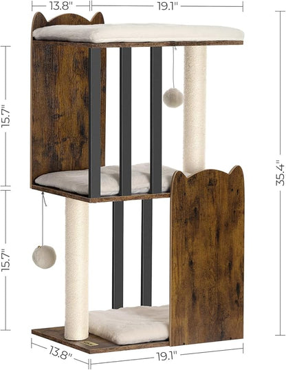 FourFurPets 35.4in 3-Tier Modern Cat Tree Tower Condo, Cat Scratch Posts for Indoor Cats, Big Plate, Two Full Sisal Scratching Posts, Rustic Brown