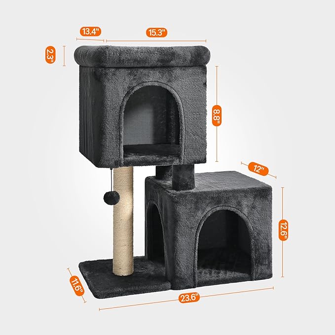 Amazon Basics 30 inch 2 Story Condo Cat Tree with Scratching Posts for Indoor Cats up to 16 lbs, Activity Center with Cozy Perch, Replaceable Hanging Pompom, Dark Gray