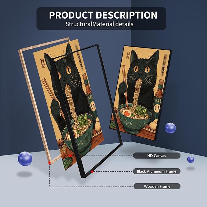 Japanese Cat Canvas Wall Art Funny Black Cat Posters Vintage Cute Cat Eating Ramen Noodles Print Kawaii Animal Food Kitchen Art Painting For Dining Living Room Bedroom Decor 12x16in Black Framed