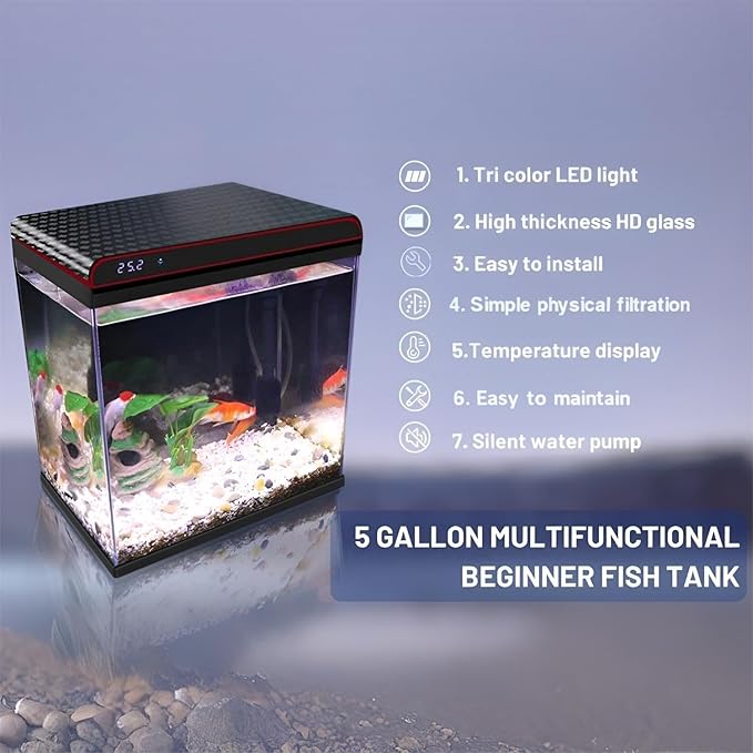 5 Gallon Glass Fish Tank Aquarium Starter Kit - Self-Cleaning, Ultra-Quiet Filter Pump, 3-Color LED Lights, Smart Temp Monitoring for Betta Fish, Shrimp, Kids Gift
