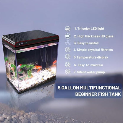 5 Gallon Glass Fish Tank Aquarium Starter Kit - Self-Cleaning, Ultra-Quiet Filter Pump, 3-Color LED Lights, Smart Temp Monitoring for Betta Fish, Shrimp, Kids Gift