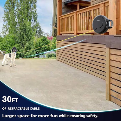 30ft Wall Mount Retractable Dog Tie Out Cable for Small to Large Dogs Between 20-75 lbs, Patented Retractable Dog Lead Great for Yard/Garden - Durable for 70,000 Cycles (Black, 30ft)