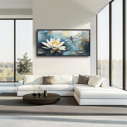 Extra Large Lotus Dragonfly Framed Wall Art for Living Room,Abstract Blue Lotus Flower Lake Pictures Wall Decor,Nature Canvas Print Painting Modern Artwork Bedroom Office Bathroom 60L" x 30W"