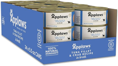Applaws Natural Wet Cat Food in Broth, Limited Ingredient Canned Wet Cat Food, No Additives, Made with Natural Ingredients, Tuna Fillet & Crab in Broth (24 x 5.5oz Cans)