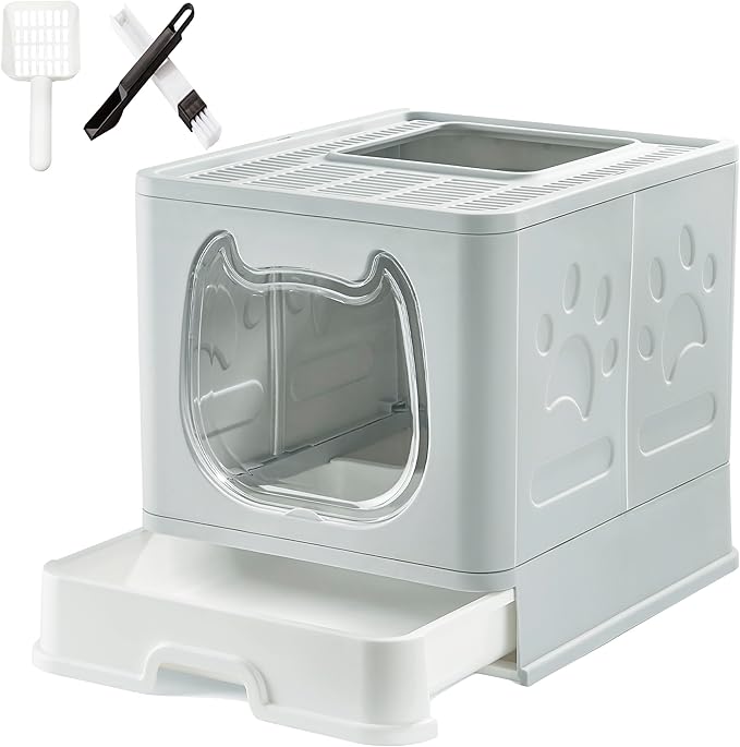 Gefryco Litter Box with Lid for Small to Medium Cats, Enclosed Cat Litter Box with Cover，High Sided Top Entry Cat Box with Brush and Scoop, Cute Kitty Litter Pan with Drawer for Growing Kittens(Grey)