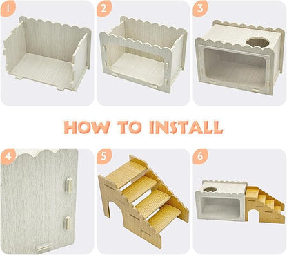 Fhiny Hamster Hideout Wooden Chamber with Climbing Ladder, Visible Hamster Digging Box with Acrylic Transparent Board Gerbil Platform Exploring House Habitat Decor for Dwarf Hamsters Gerbils Mice