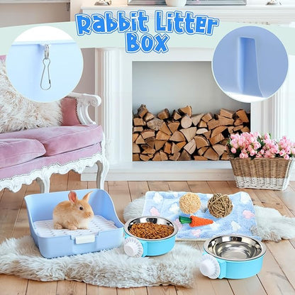 15 Pcs Rabbit Starter Kit Small Rabbit Litter Box Animal Grooming Kit Bunny Toys Bowl Blankets with Cleaning Set for Guinea Pig Accessories(Candy Blue)