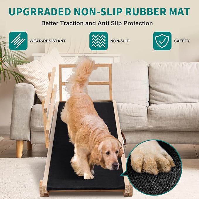 Dog Ramp for Bed, Adjustable Pet Ramps for Dog to Get on Bed, Non-Slip Rubber Surface - Folding Wooden Dog Ramp for Small/Large/Old Dogs, Adjustable up to 27.5 inch High Beds, Safety Railings