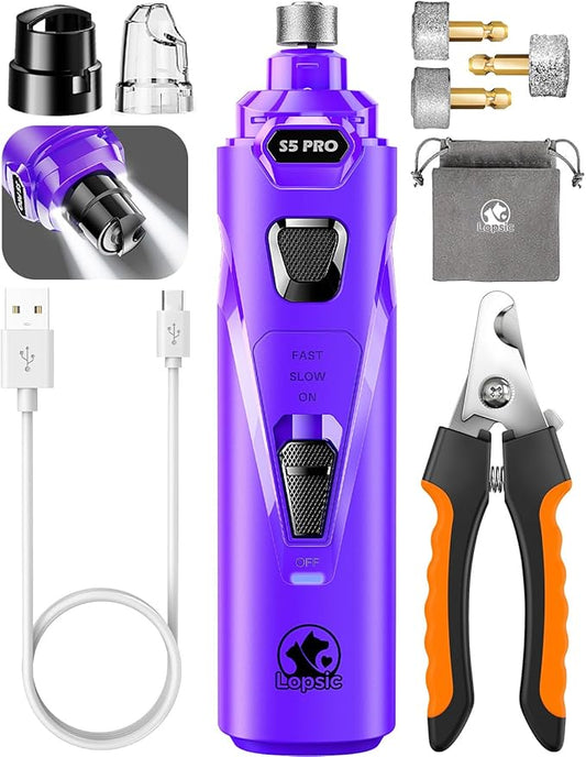 Dog Nail Grinder with 2 LED Lights Powerful 2 Speeds Super Quiet Dog Nail Trimmers with 3 Grinding Wheels Rechargeable Pet Dog Nail Clippers for Large Medium Puppy Dogs Dog Nail File Cat Nail Clipper