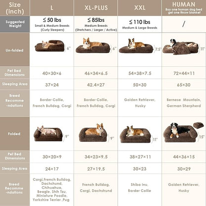EHEYCIGA Foldable XXL Dog Bed, Faux Fur Fluffy Pet Couch Bed for Extra Large Dogs, Orthopedic Calming Memory Foam Big Pet Bed, Washable Soft Pet Sofa Bed with Non-Slip Bottom, Brown, 54"x38"x7.5"