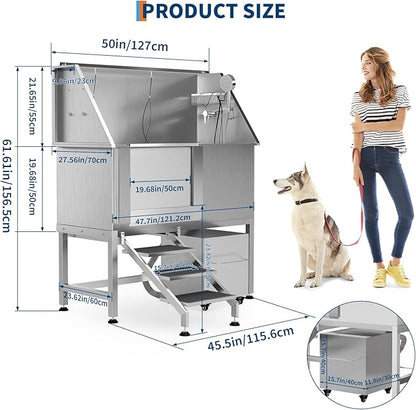 50" Stainless Steel Professional Dog Washing Station - Pet Bathing Tub w/Non-Slip Stairs & Storage Shelf | Slip-Resistant Floor Grate | for Large/Medium/Small Dogs
