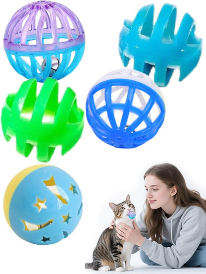 5-Piece Cat Toy Balls with Bells for Kittens and Indoor Cats, Over The Moon(1.5'', Basic Cat Toy Set)