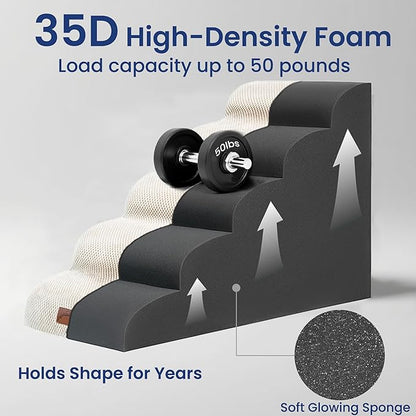 GoGoBunny Ramp Dog Stairs for High Beds 22.6" H, 5-Step Dog Slope Stairs with Durable Waterproof Fabric Cover, Pet Steps for Old Large Dogs Climbing, Non-Slip Sturdy Indoor Step, Beige