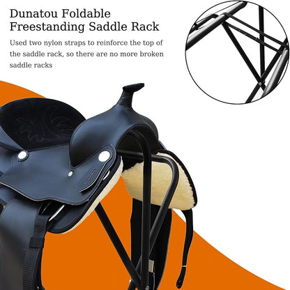 Dunatou Saddle Rack Freestanding Saddle Stand Foldable Horse Saddle Storage Rack Full Size Saddle Pad Rack Horse Blanket Holder Heavy Duty Saddle Holder for English and Western Horse Saddles, Black