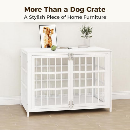 38 Inch Heavy Duty Wooden Dog Kennel End Table with Double Door Design and Secure Locks, Indoor Pet Crate Furniture for Medium Dogs, Decorative Home Cage Design,White