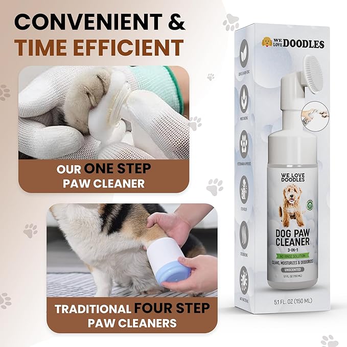 Dog Paw Cleaner (Over 100+ Feet Cleanings) No-Rinse Dog Foot Washer, Gentle and Safe Paw Cleaner for Dogs and Cats, Foam Formula, Moisturizes and Deodorizes, 150mL (Unscented) [We Love Doodles]