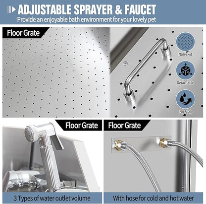 38" Pet Dog Bathing Station W/Ramp, Professional Stainless Steel Dog Grooming Tub W/Floor Grate, Faucet, Dog Bathtub for Large,Medium, Small Pets, Washing Sink for Home,L-RAMP