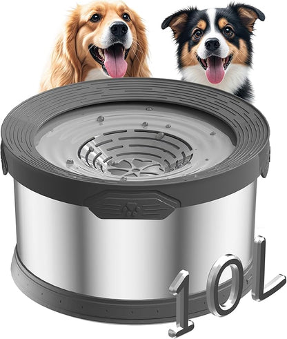 10L Dog Water Bowl No Spill 2.6 Gallon Super Large Capacity Stainless Steel No Splash Dog Bowls 338oz Slow Drinking Feeder with Non-Slip Base Pet Water Dispenser for Dogs