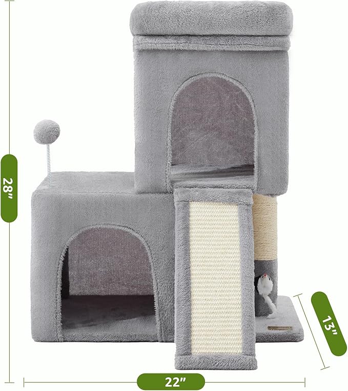 24inch Tall cat Tree with 2 cat condo and Mouse Toy Cozy Small cat Tower with Scratching Post and Board for Kitties and Small Cats.（Light Grey）
