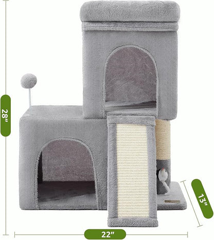 24inch Tall cat Tree with 2 cat condo and Mouse Toy Cozy Small cat Tower with Scratching Post and Board for Kitties and Small Cats.（Light Grey）