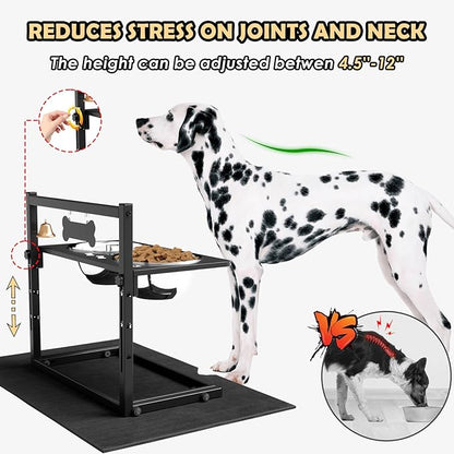 Elevated Dog Bowls with Slow Feeder and Spill Proof Mat, Adjustable Height 4.3-11.8'', Two 1.7L Stainless Steel Food & Water Bowls, Metal Raised Dog Bowl Stand, for Large Medium Breeds