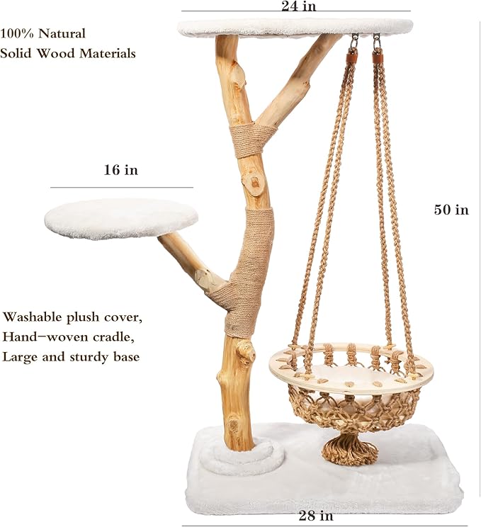 50" Tall Cat Tree Tower, Modern Cat Tree for Indoor Cats, Washable Wooden Perchs and Climbers for Large Cats, Cute Cat Furniture with Unique Cat Swing