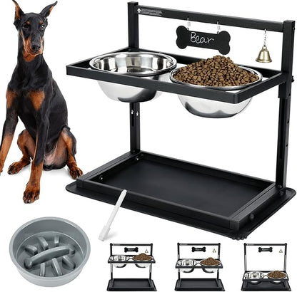 Elevated Slow Feeder Dog Bowls - Raised for Large Dogs, Adjustable Height, 2 Stainless Steel Bowls, Spill Proof Mat, Grey