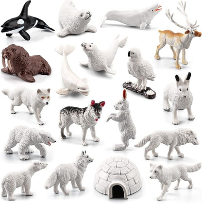18pcs Arctic Animal Figures, Realistic Arctic Animals Toy Figurines Set with Arctic Fox Wolf Polar Bear Reindeer Figures for Kids, Miniature Toys Cake Topper Birthday Gift