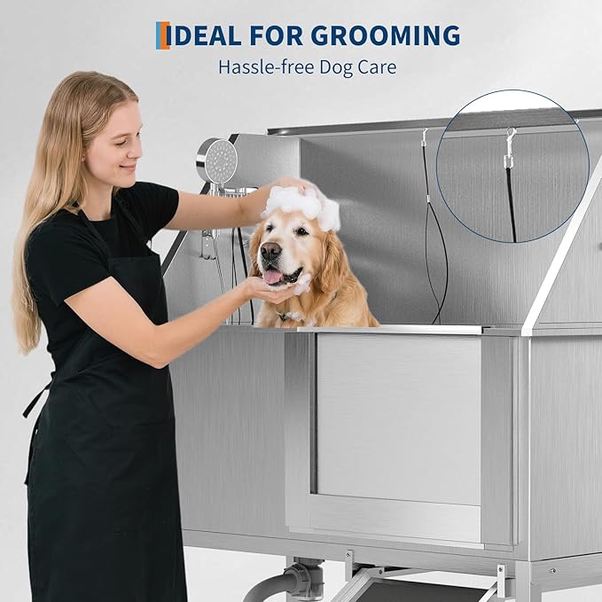 50" Stainless Steel Professional Dog Washing Station - Pet Bathing Tub w/Non-Slip Ramps | Slip-Resistant Floor Grate | for Large/Medium/Small Dogs