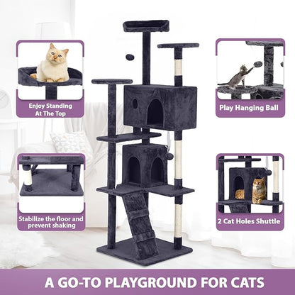 70 Inches Cat Tower for Indoor Cats, Multi-Level Cat Condos with Scratching Posts, Hanging Toys, Ashy