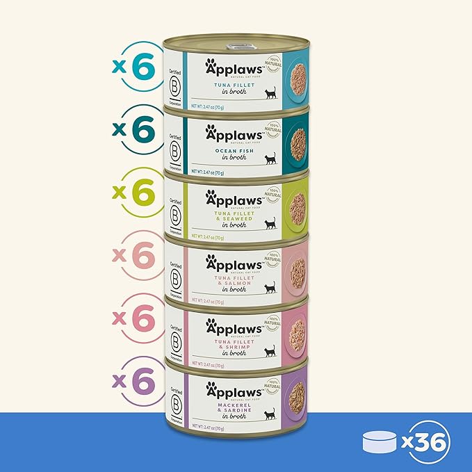Applaws Natural Wet Cat Food in Broth, Limited Ingredient Canned Wet Cat Food, No Additives, Made with Natural Ingredients, Fish Selection in Broth (36 x 2.47oz Cans)