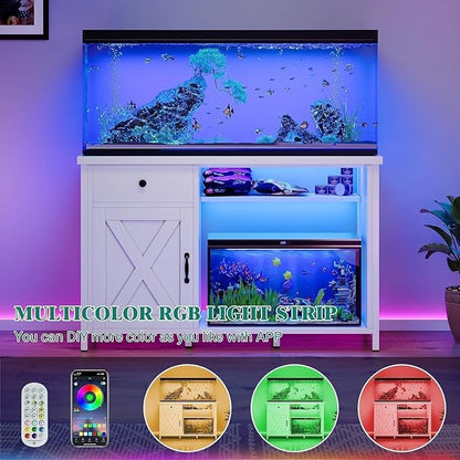 55 Gallon Fish Tank Stand with LED Light & Power Outlets, 55-75 Gallon Aquarium Stand with Drawer & Barn Door, 50" L x 20" W Cabinet for 2 Fish Tank Accessories Storage, Turtle Tank, Antique White