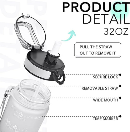 32oz Motivational Water Bottles with Time Marker & Fruit Strainer, Transparent Gradient Color Water Bottle with Times to Drink, Leakproof & BPA Free, Reusable Bottle with Strap (No Straw)