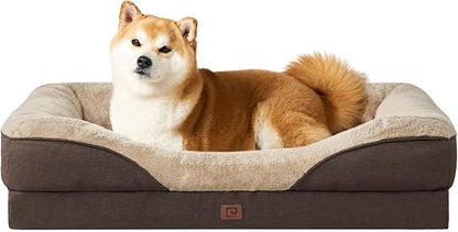 EHEYCIGA Memory Foam Dog Bed for Large Sized, Orthopedic Dog Sofa with Sides and Waterproof Liner, Washable Bolster Pet Bed Couch with Removable Cover, 36x27x7 Inch, Brown
