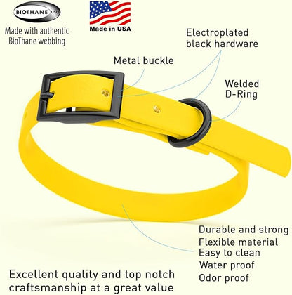 Dogline Biothane Waterproof Dog Collar Strong Coated Nylon Webbing with Black Hardware Odor- Proof for Easy Care Easy to Clean High Performance Fits Small Medium or Large Dogs, Lemon Yellow