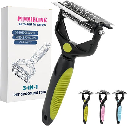 3-IN-1 Pet Grooming Tool - Undercoat Rake, Dematting Comb & Deshedding Brush for Cats & Dogs - Removes Mats, Tangles & Loose Fur, Reduces Shedding & Prevents Hair Mess (Green)