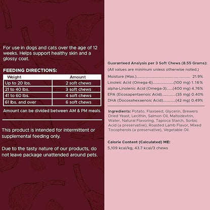 Dog Skin and Coat Supplement -360 Soft Chew Omega Treats for Skin Allergies -Salmon Oil Blend of Essential Fatty Acids, Omega 3, 6, Vitamins, Minerals -Made in USA (2 Packs of 180, Lamb Flavor)