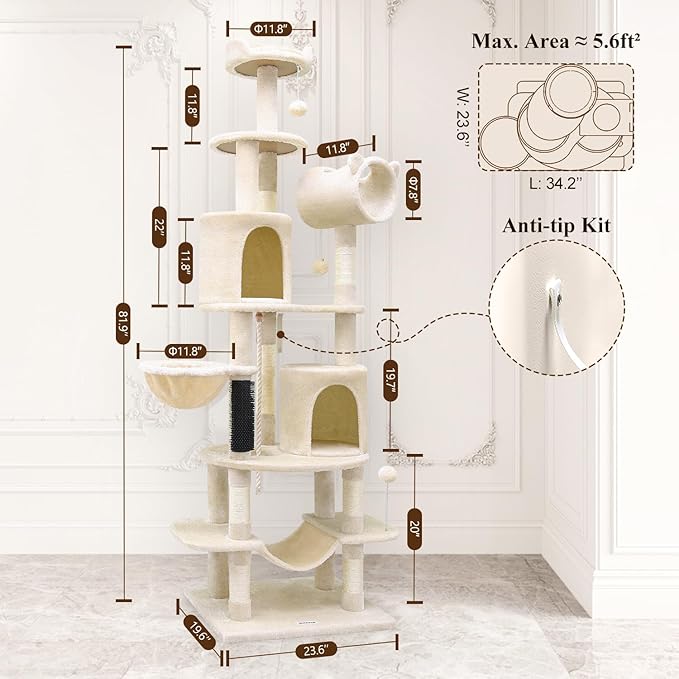 Globlazer Artistic Curved Cat Tower for Small Cats (Under 12 lbs), 81-inch Slim Design Cat Tree with Space-Saving Design, Indoor Cat Condo with Hammock & Tunnel, C81, Beige, Non-Large Cats
