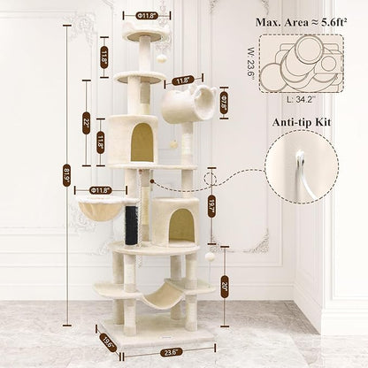 Globlazer Artistic Curved Cat Tower for Small Cats (Under 12 lbs), 81-inch Slim Design Cat Tree with Space-Saving Design, Indoor Cat Condo with Hammock & Tunnel, C81, Beige, Non-Large Cats