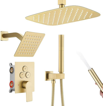 12 Inch Rain Shower System, Brushed Gold Shower Faucet Set with Push Button Diverter, 6 Inch Wall Mounted 3-Functions Bathroom Shower Systems with Dual-Function Handheld