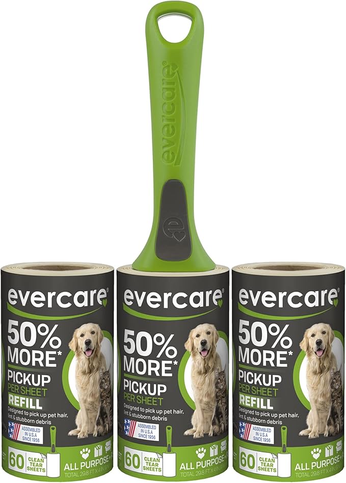 Evercare All Purpose Pet Hair Lint Roller with 2 Refills, 180 Total Sheets – Reusable Sticky Roller for Pet Hair, Cat & Dog Hair Remover, Lint Remover, Pet Hair Remover for Furniture, Clothing & Cars