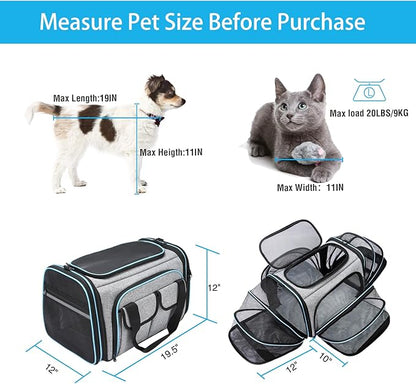 Airline Approved Pet Carrier, Large Soft Sided Pet Travel TSA Carrier 4 Sides Expandable Cat Collapsible Carriers with Removable Fleece Pad and Pockets for Cats Dogs and Small Animals