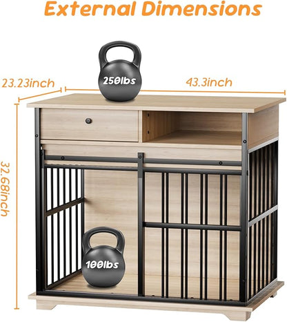 35.5" Dog Crate Furniture, Wooden Dog Crate Furniture for Medium Small Dogs, Wooden Dog Kennel End Table with Drawer and Open Shelves, Sliding Door Dog Kennel Furniture