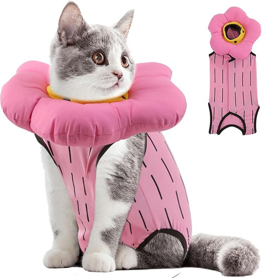 EMUST Cute Cat Recovery Suit & Cone Collar Set - Soft, Adjustable Flower Collar for Female Kittens Under 4lb (Pink, S)