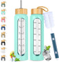 32 oz Glass Water Bottle with Straw - Motivational Time Marker & Silicone Sleeve - Reusable Tumbler Includes 2 Bamboo Lids & Fruit Infuser - 1 Pack